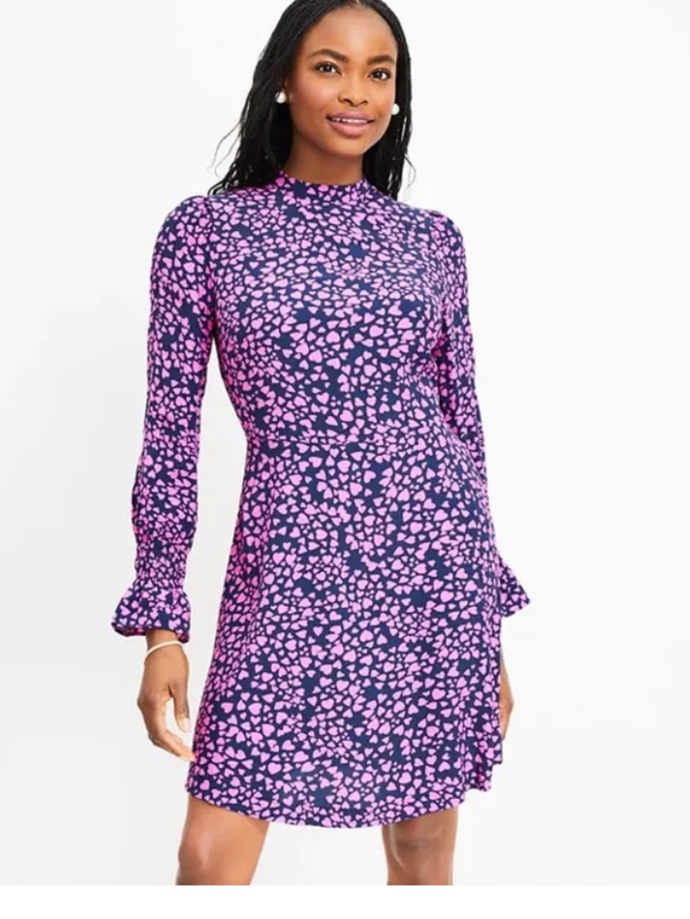 LOFT HEART PRINT SMOCKED FLARE DRESS
